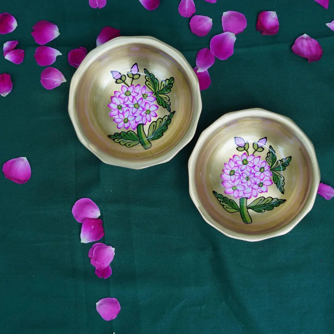 Handpainted Gulabi Bloom Brass Bowl | Festive Brass Serveware with Floral Design - Pack of 1