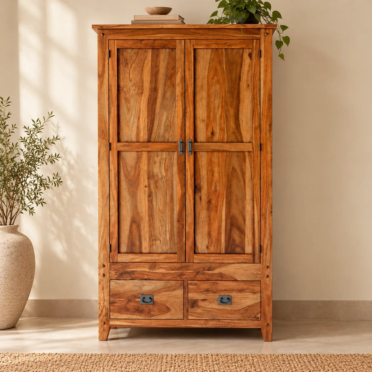 Alaca Solid Sheesham Wood 2 Door 2 Drawer Wardrobe In Light Honey Finish