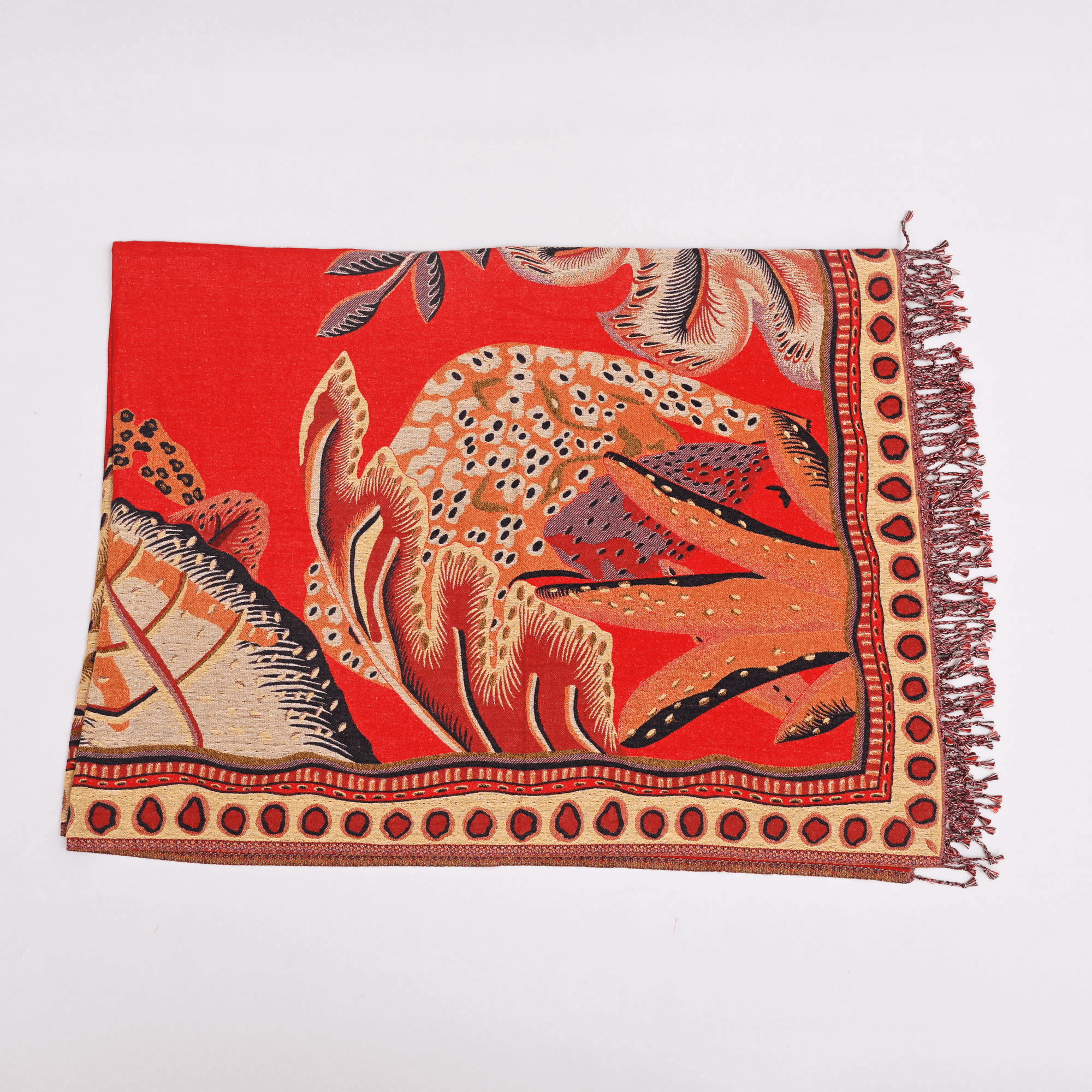 Red Tropical Throw Blanket | Pure Cotton & Woollen Sofa Throw with Jungle Foliage Design for Living Room & Bedroom Decor
