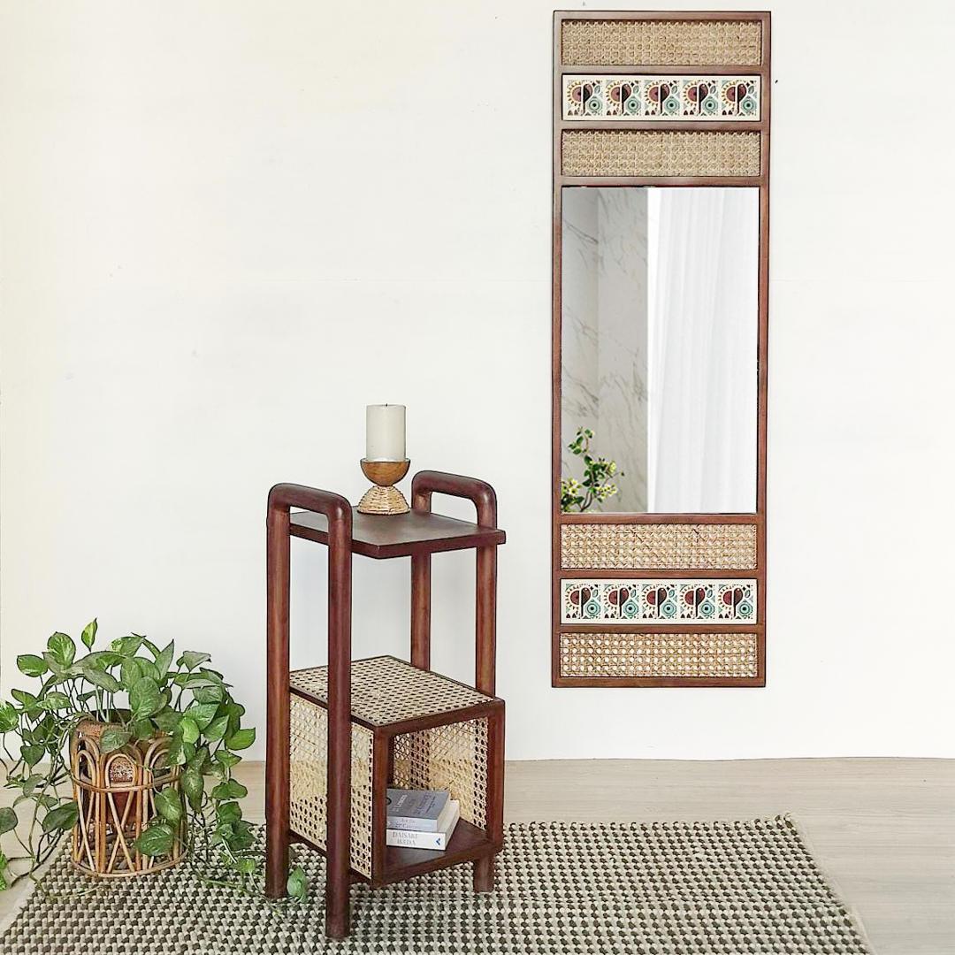 Nexus Teak Wood End Table with Cane Basket | Handcrafted Wooden Accent Table in Walnut Finish