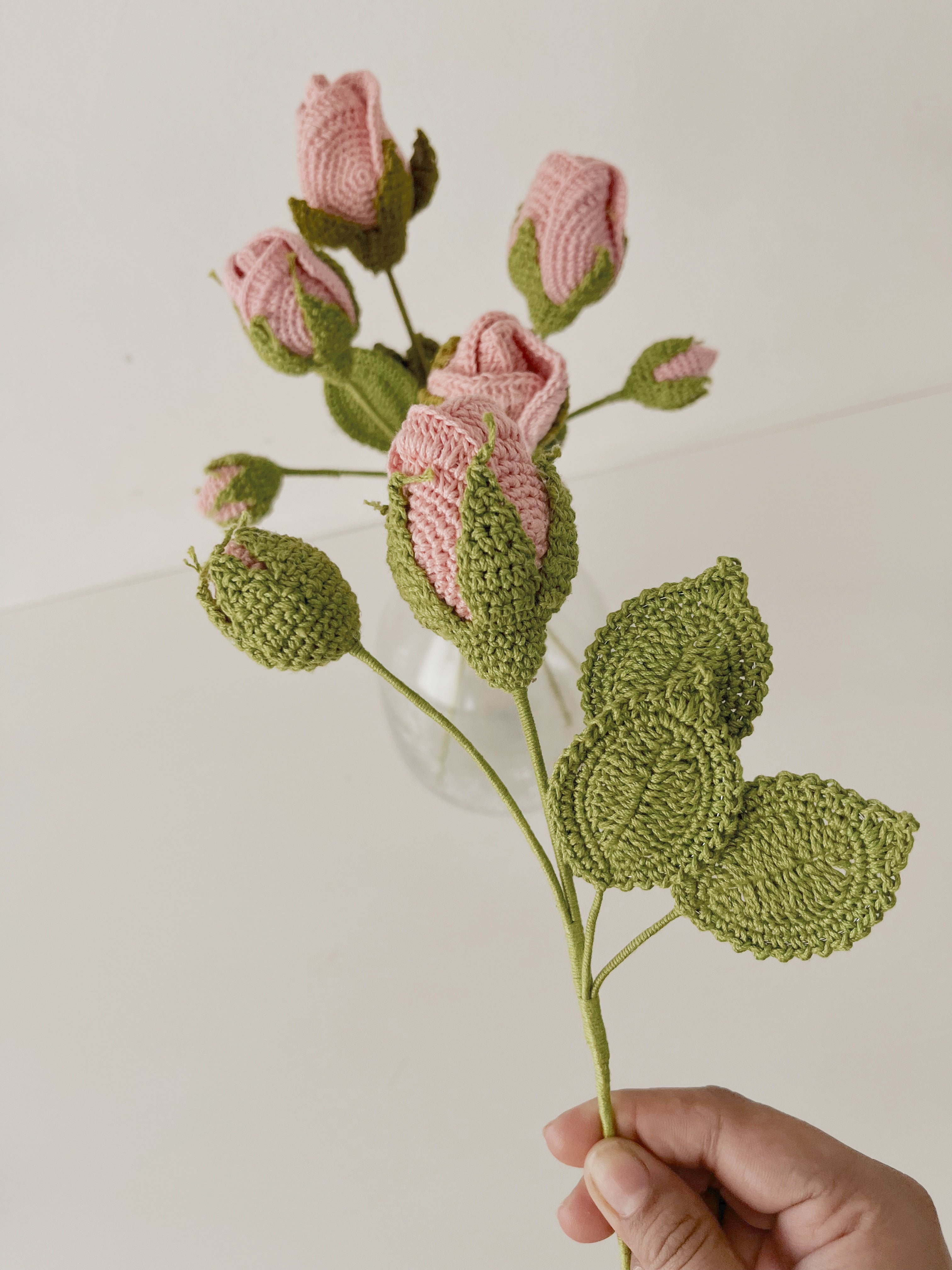 Crochet Flower - Pink rose with Bud - Blush / 12"height / Single