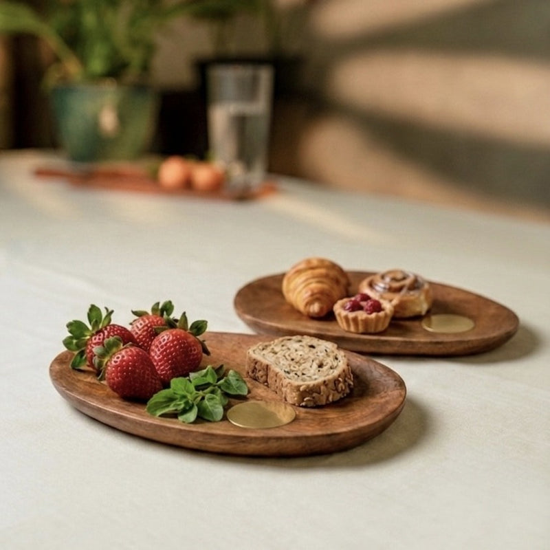 Ora-Reva Wooden Small Plates (Set of 2) with Brass Inlay
