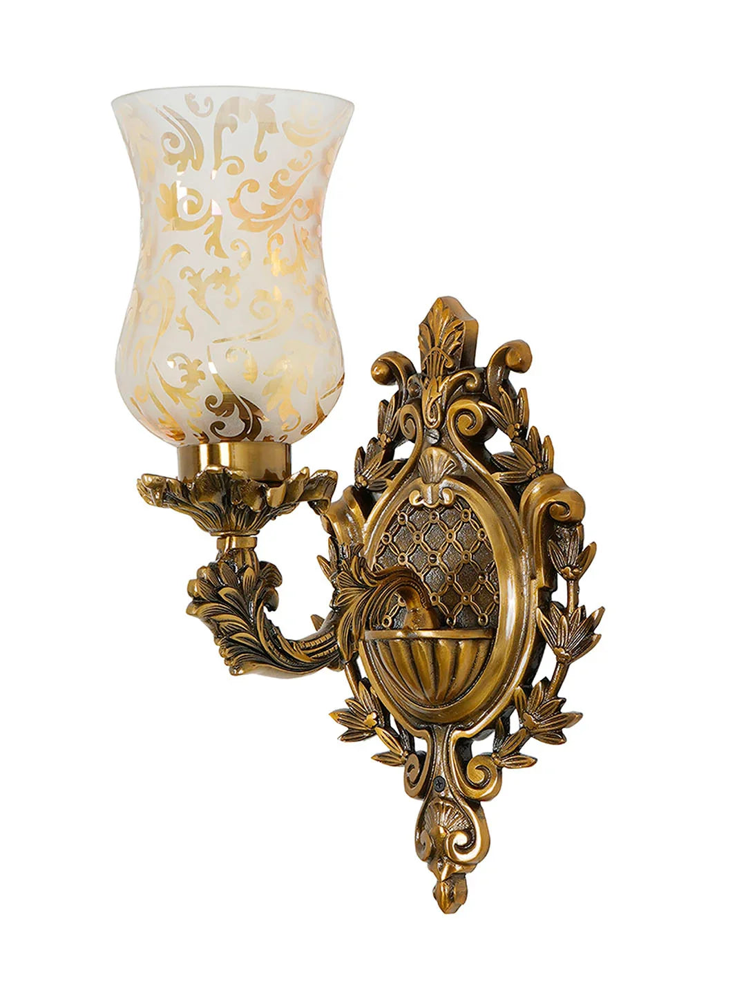 Antique Cast Aluminium Traditional Uplight Wall Sconce with Golden Etched Glass