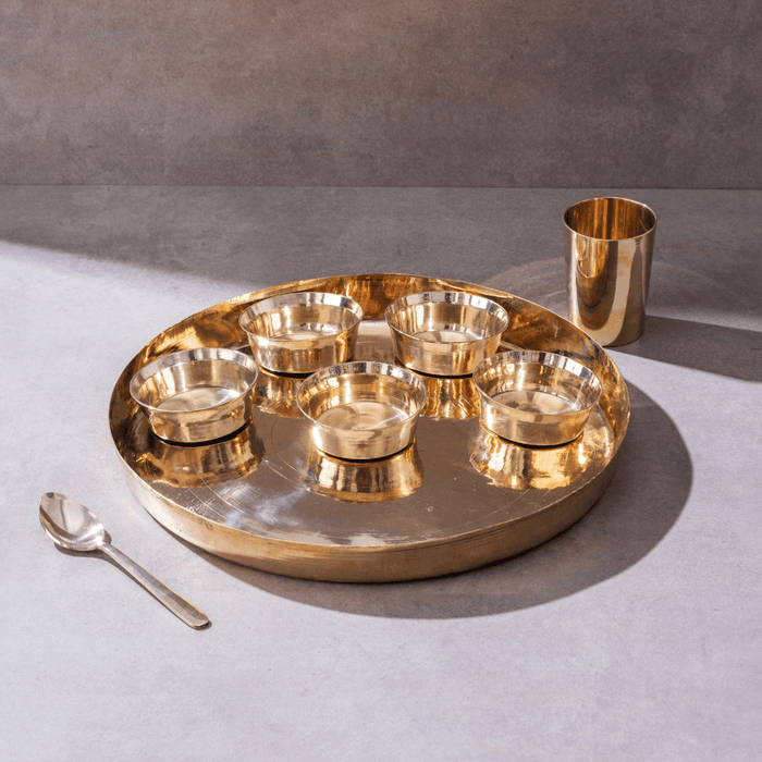 Kansa Dinner Thaali Set (Thaali -13.5") - 8 Pieces set (1 Pc Thaali, 5 Pieces Bowls, 1 Pc Glass, 1 Pc Spoon)