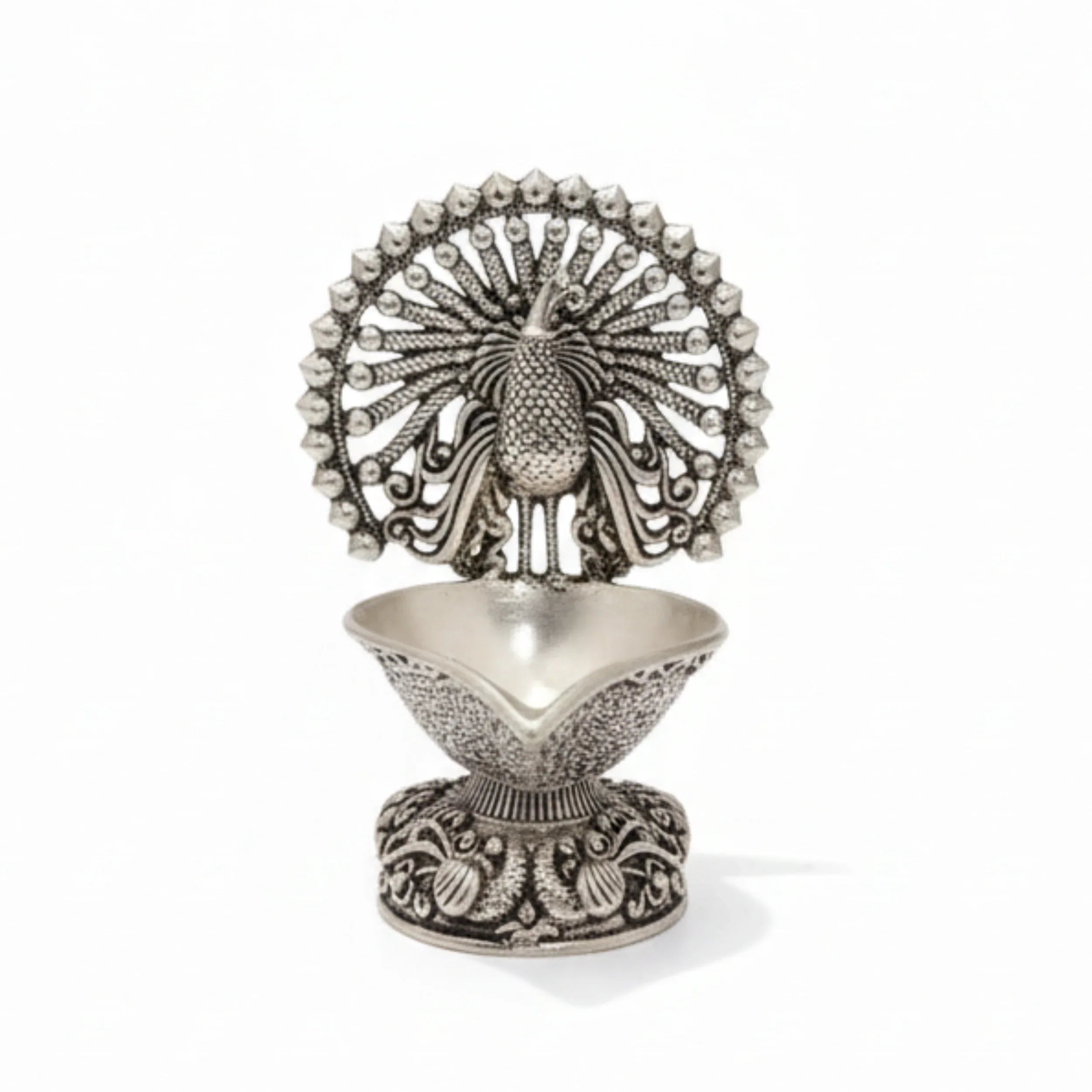 Pure Silver Plated Brass Peacock Diya
