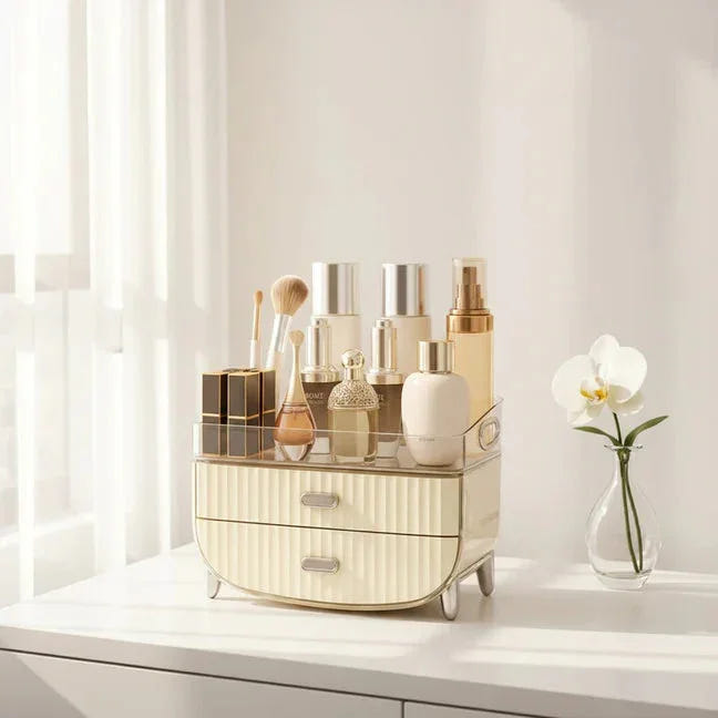 Cosmetic Makeup Organizer Box for Women |Transparent Cosmetic Storage Box for Skincare,Perfumes,Lipstick,Jewelry & Accessories – Countertop Vanity Organizer for Dressing Table | Creamy White