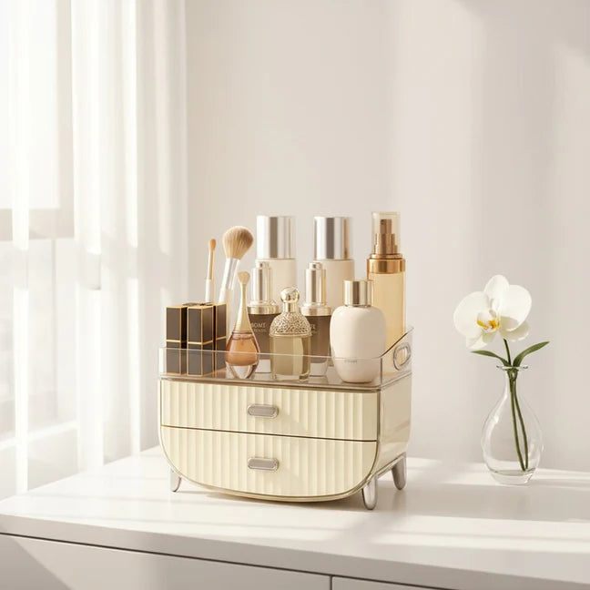 Cosmetic Makeup Organizer Box for Women |Transparent Cosmetic Storage Box for Skincare,Perfumes,Lipstick,Jewelry & Accessories – Countertop Vanity Organizer for Dressing Table | Creamy White