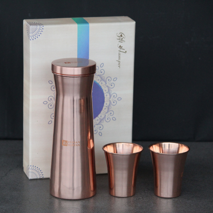 Glossy Copper Flask Set & Water Carafe for Dining | Tumbler with Tamba Glases