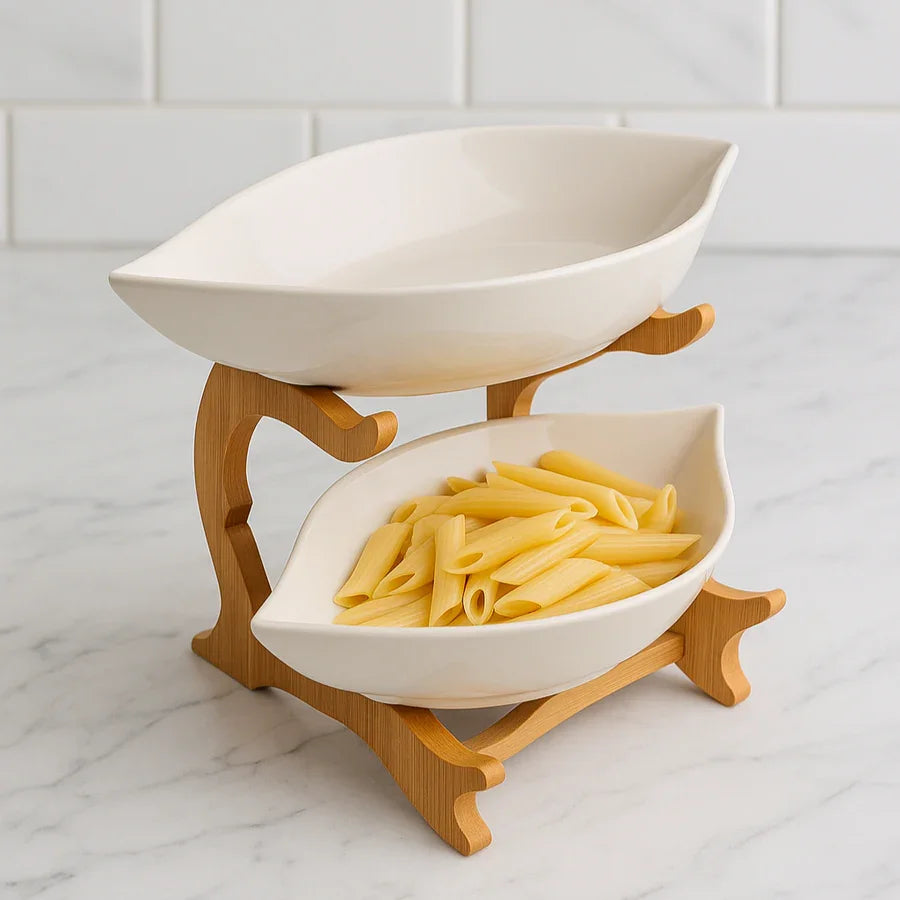 2-Tier Ceramic Serving Bowls with Wooden Stand