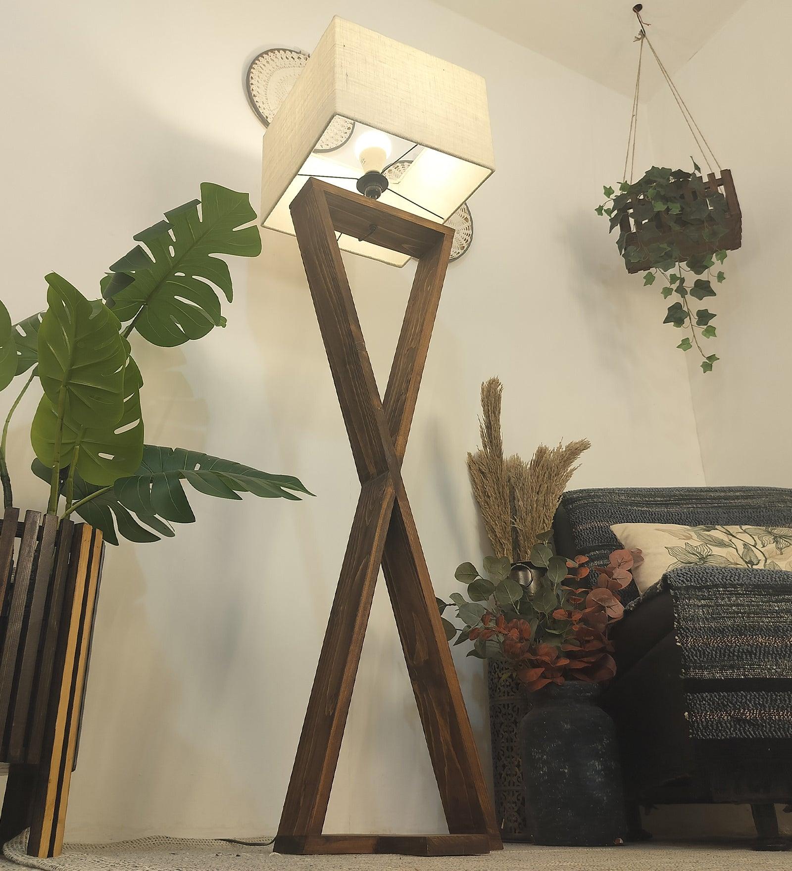 Infinity Wooden Floor Lamp with Premium Beige Fabric Lampshade