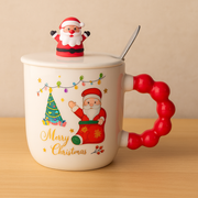 Christmas Ceramic Mug with Lid & Spoon | 350 ML Santa Mug with Red Handle | Merry Christmas Gift Cup for Coffee