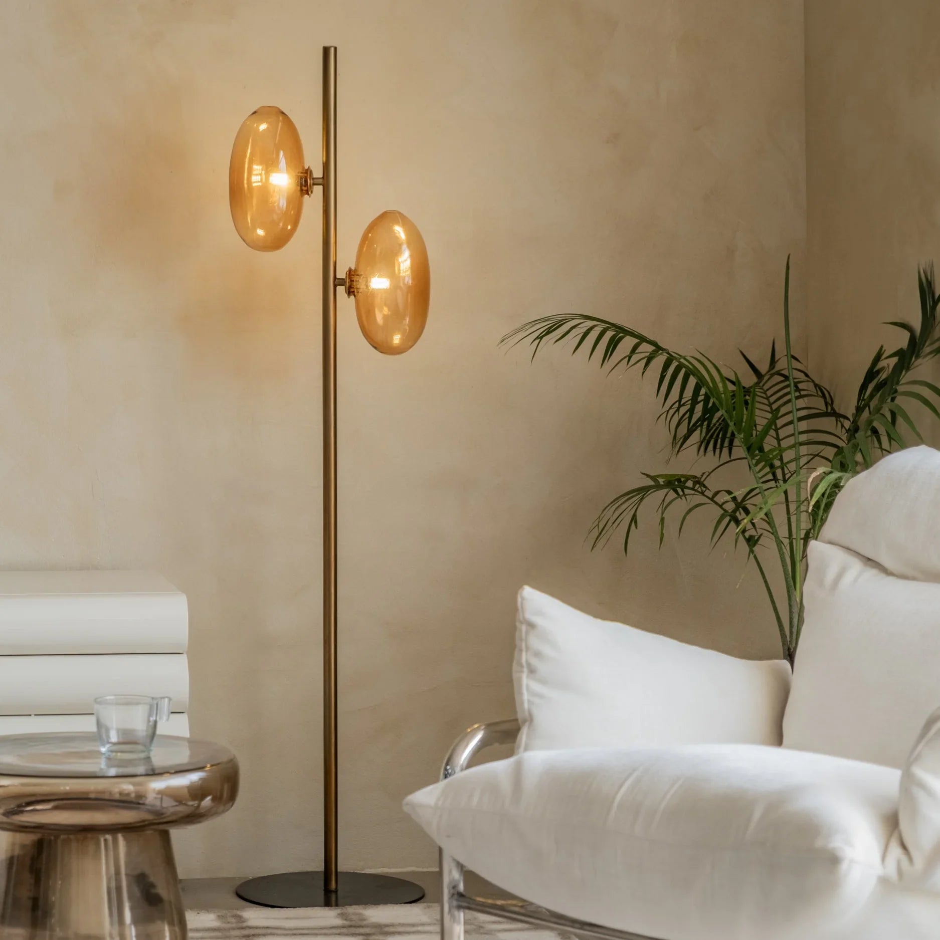 Astra Designer Floor Lamp with Amber Glass | Standing Lamp for Living Room