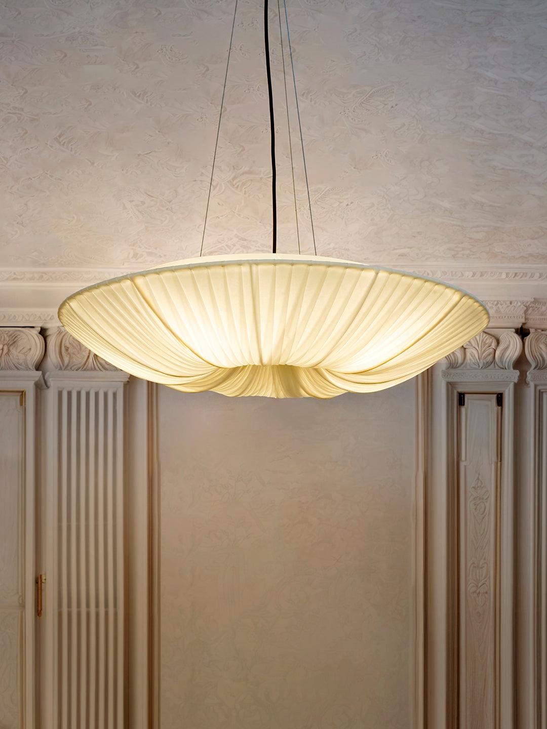 Pleated Fabric Saucer Pendant Light | Modern White Fabric Hanging Lamp Light for Living Room