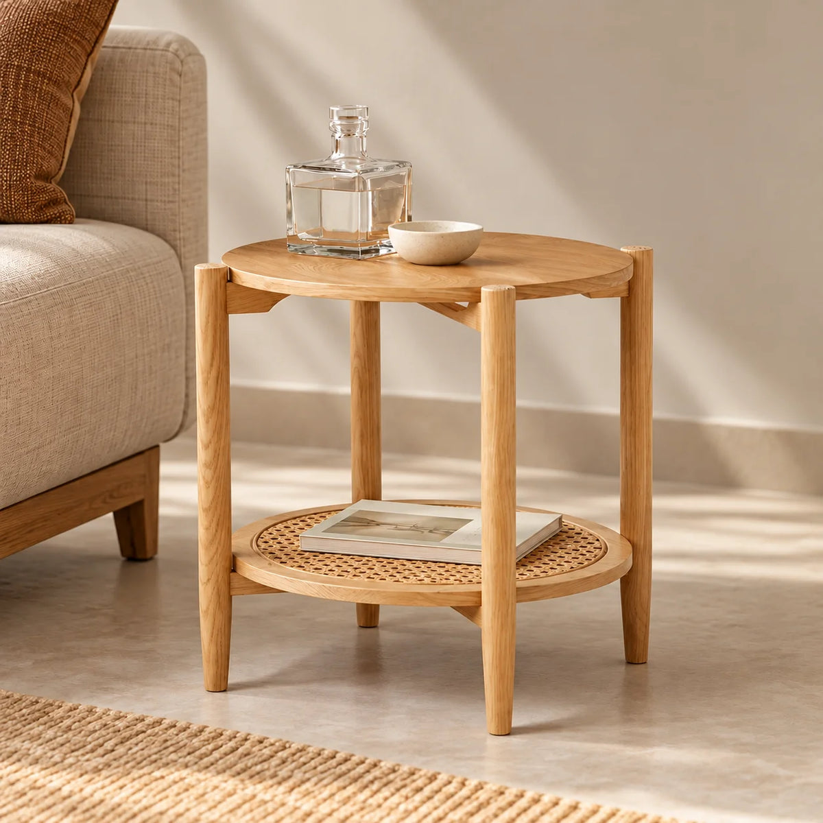 Stacked Premium Mango Wood Cane Side Table for Living Room | End Table