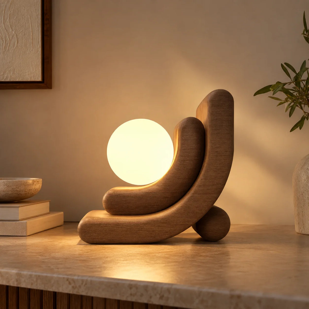 Sculptural Solid Wood Table Lamp | Designer Curved Lamp with Warm Glow for Living Room & Bedroom