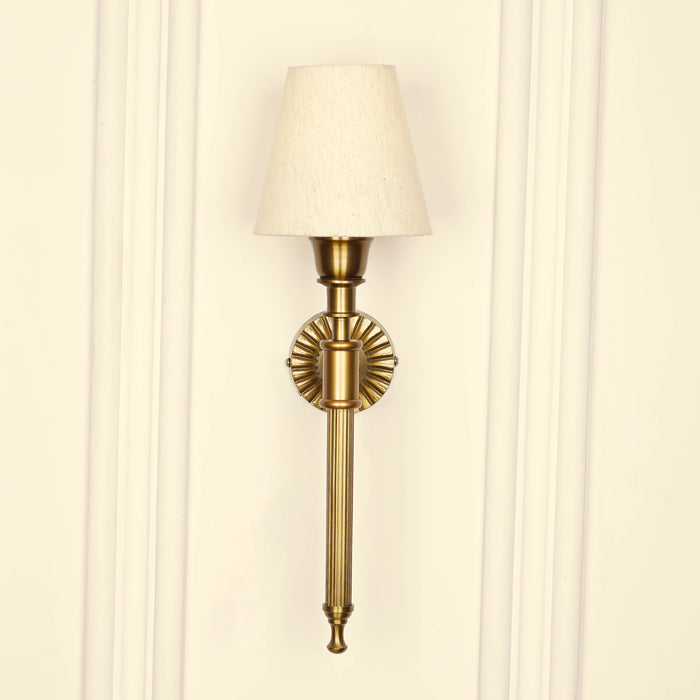 Brass Antique Finish Corrugated Wall Lamp with Off White Shade