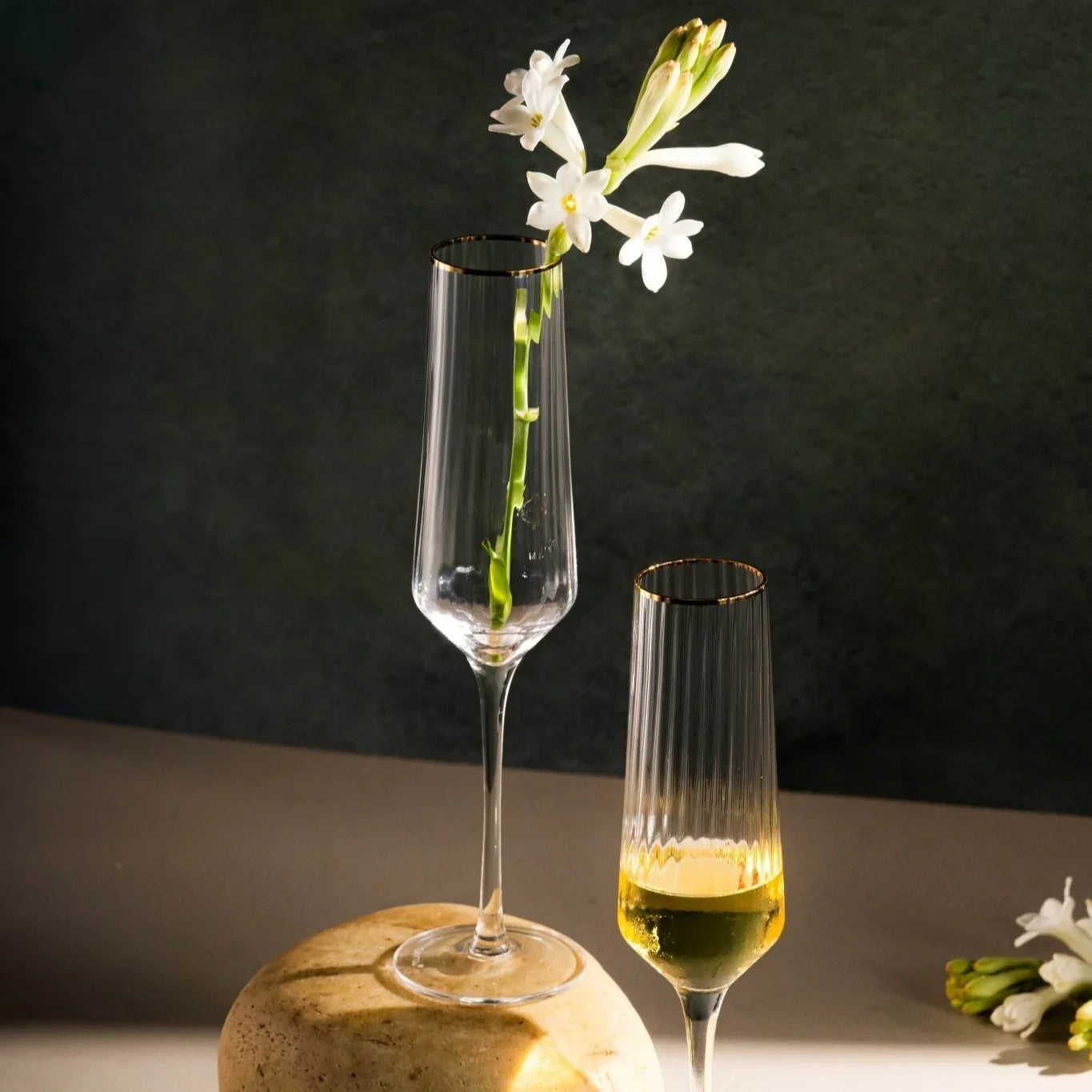 Clear Ribbed Champagne Glasses with Golden Rim Set of 6