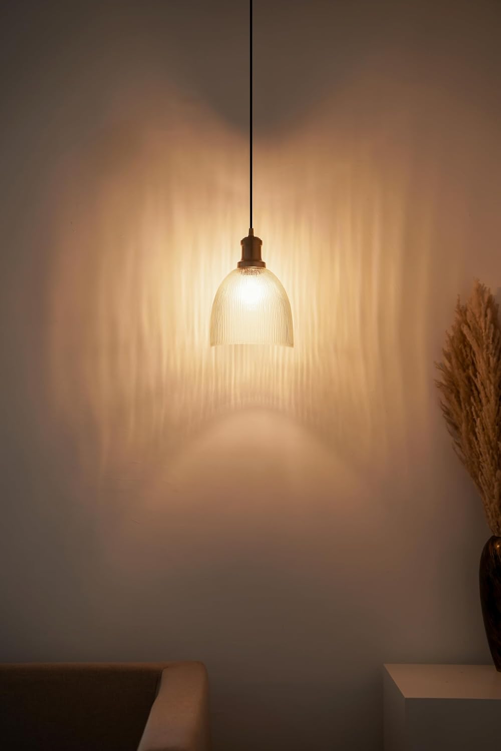 Grooved Transparent Glass Hanging Pendant Light with Antique Brass Finish for Living Room, Bedroom, Kitchen, Dining