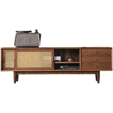 Sleek Rattan Door Sliding TV Cabinet | Sheesham Wood TV Unit for Living Room
