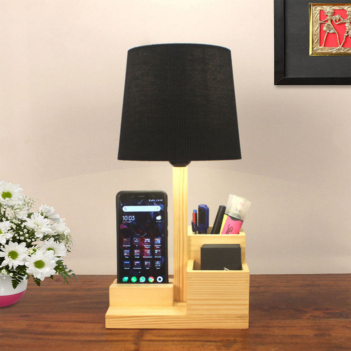 Classic Wooden Table Lamp With Black Fabric Lampshade and Mobile Stand