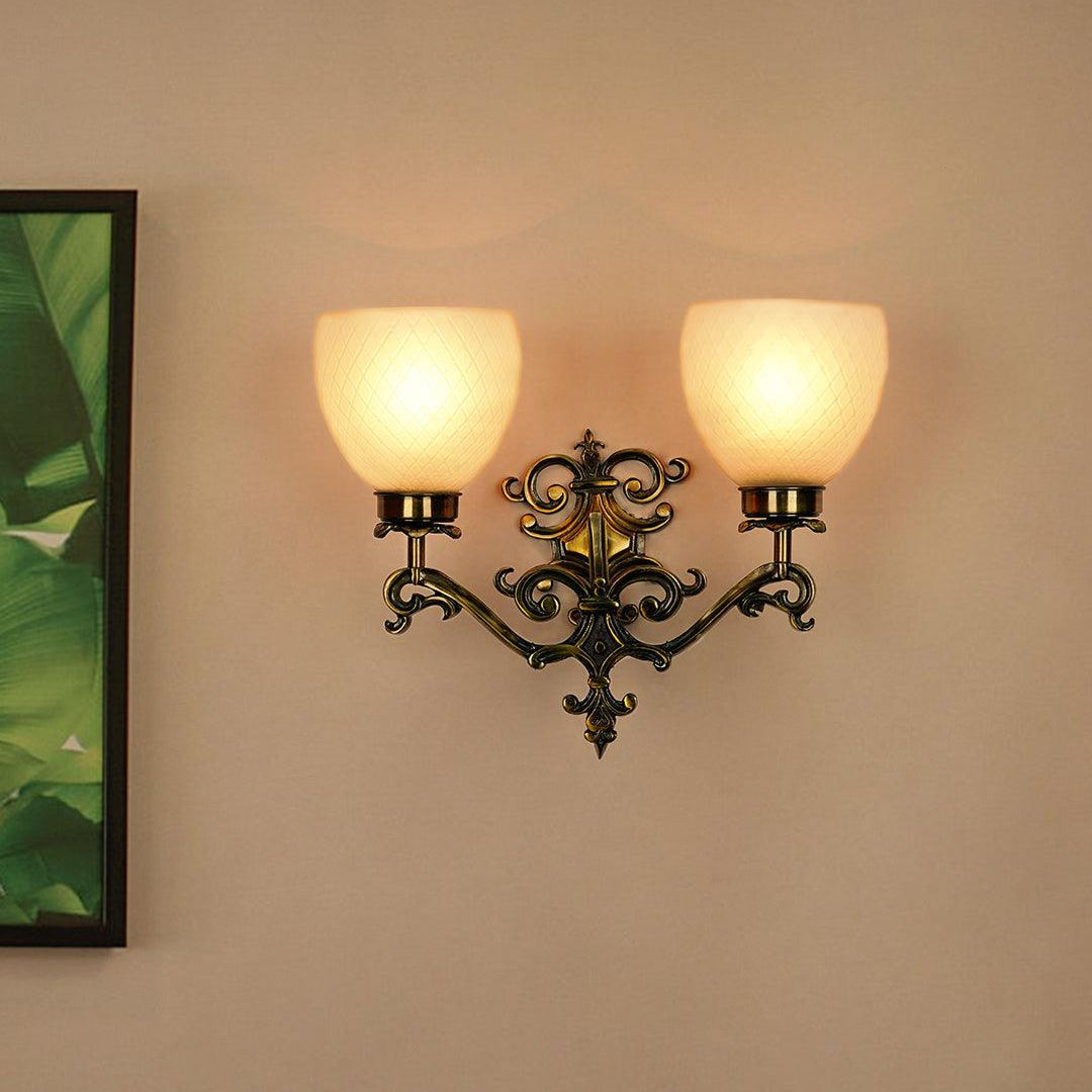 Spanish Antique Brass Finish Dual Light Wall Sconce With Frosted Diamond Glass Shades
