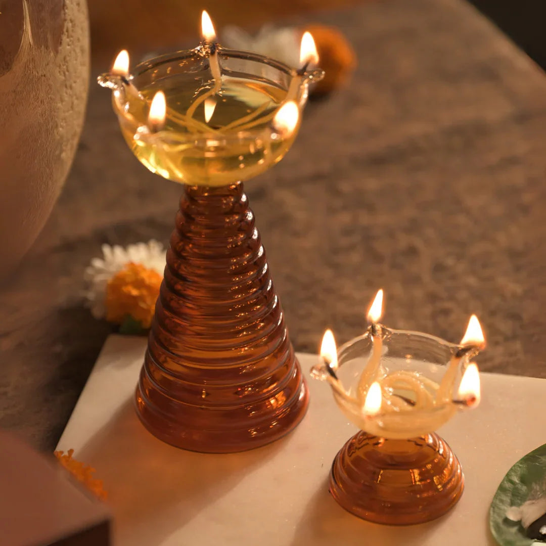 Glass Diya Pair Gift Set - Tall & Short Diyas