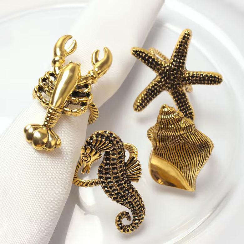 Beach Sea Life Gold Napkin Rings (set of 4)