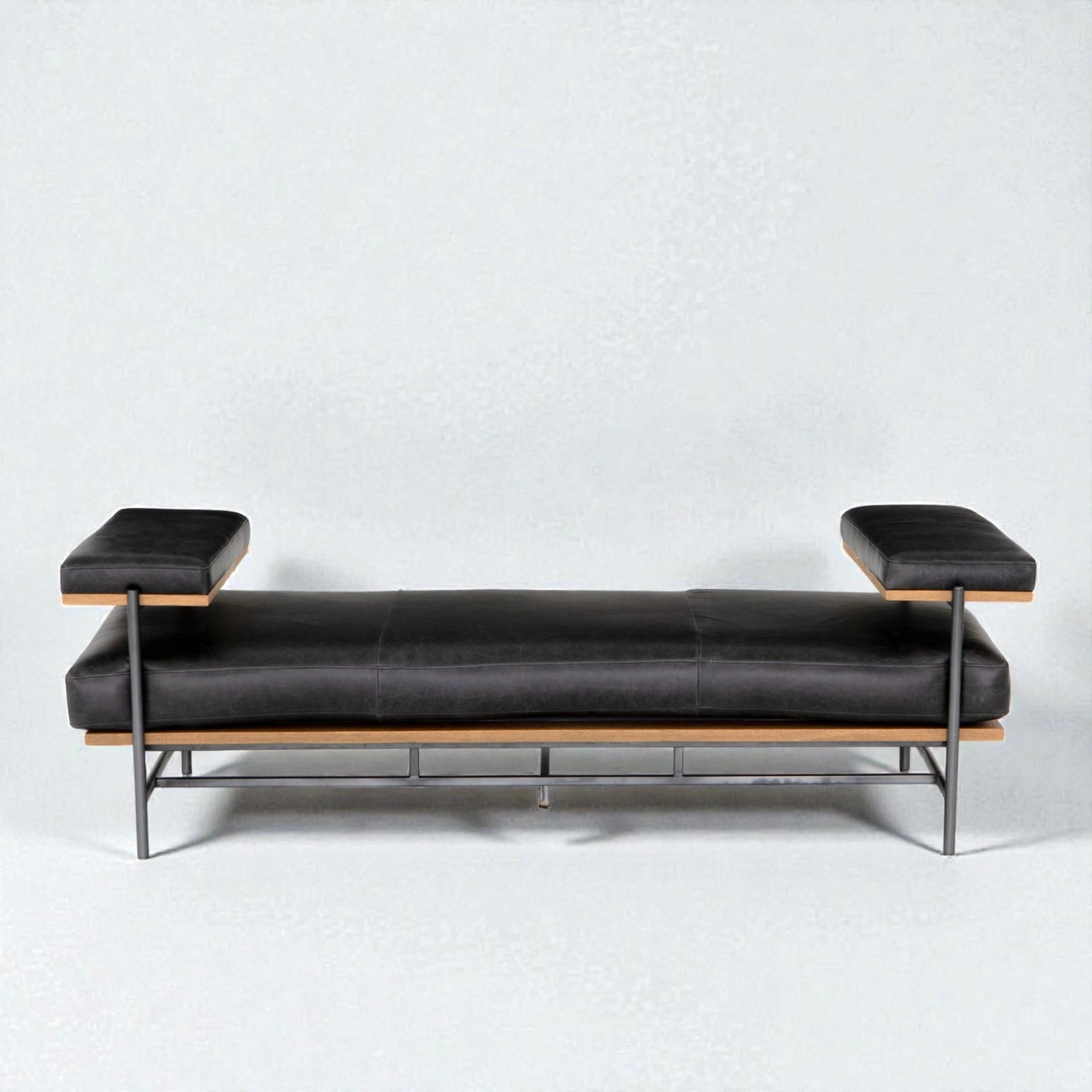 Tavrik Teak Wood, Faux Leather & Black Finish Metal Base Daybed/Chaise