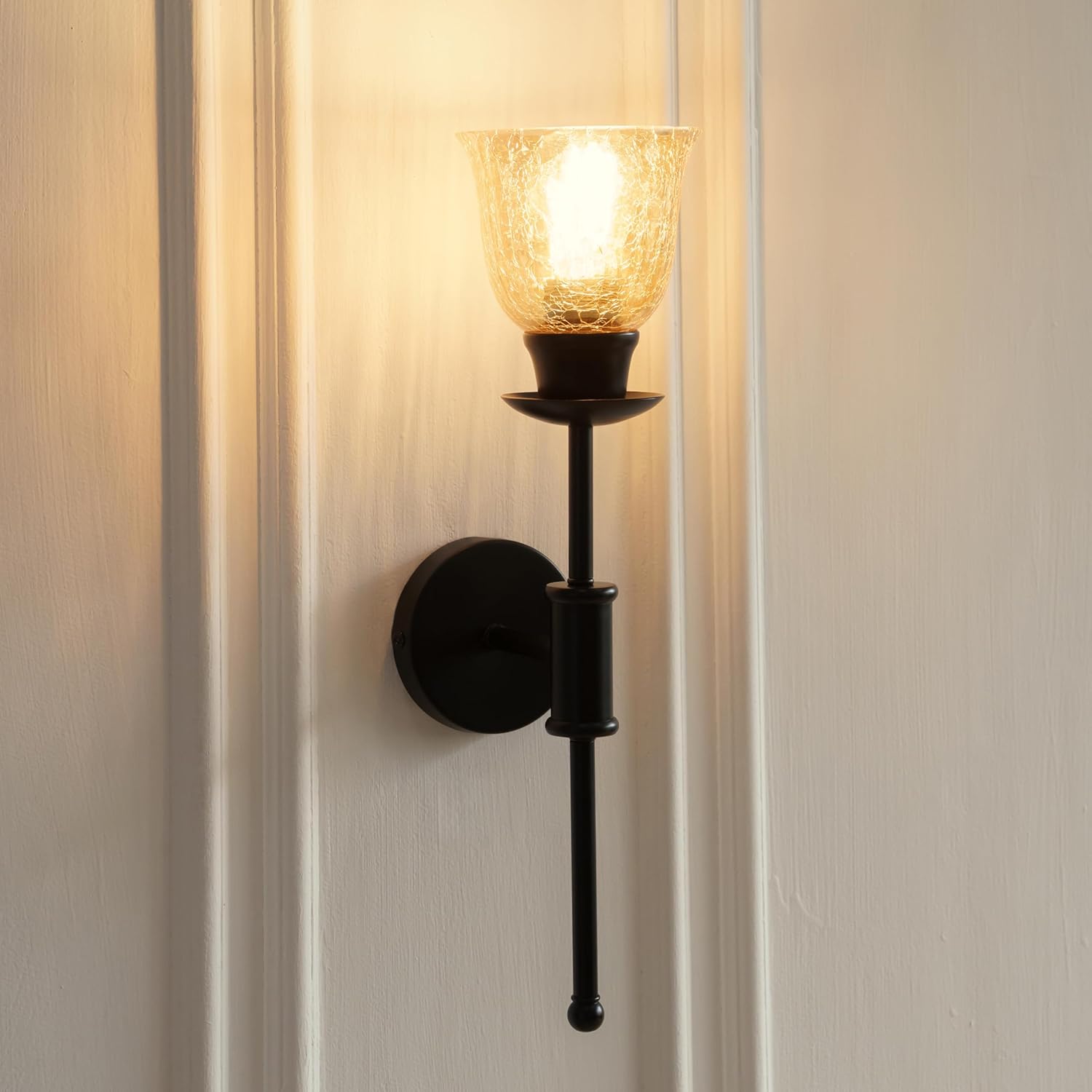 Black Polished Finish Spacer Wall Lamp with Cup Crackled Glass Golden Luster Shade