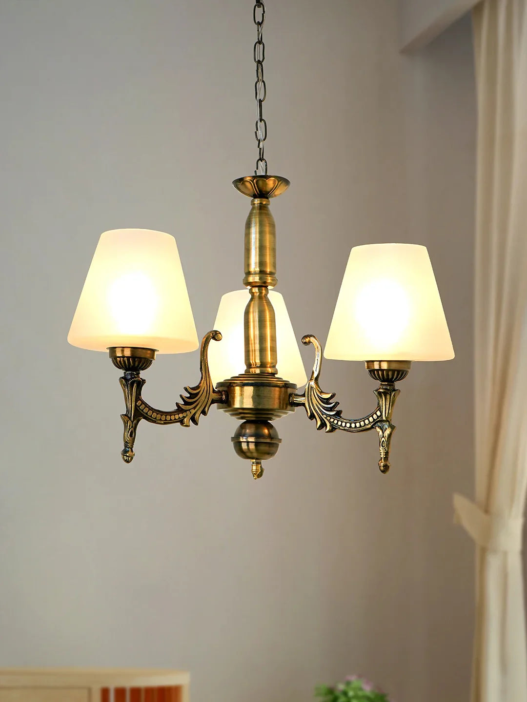 Antique Brass 17 Inch Wide Steel 3-Light Mini Ceiling Chandelier Hanging Light With Tapered Frosted Glass Shades