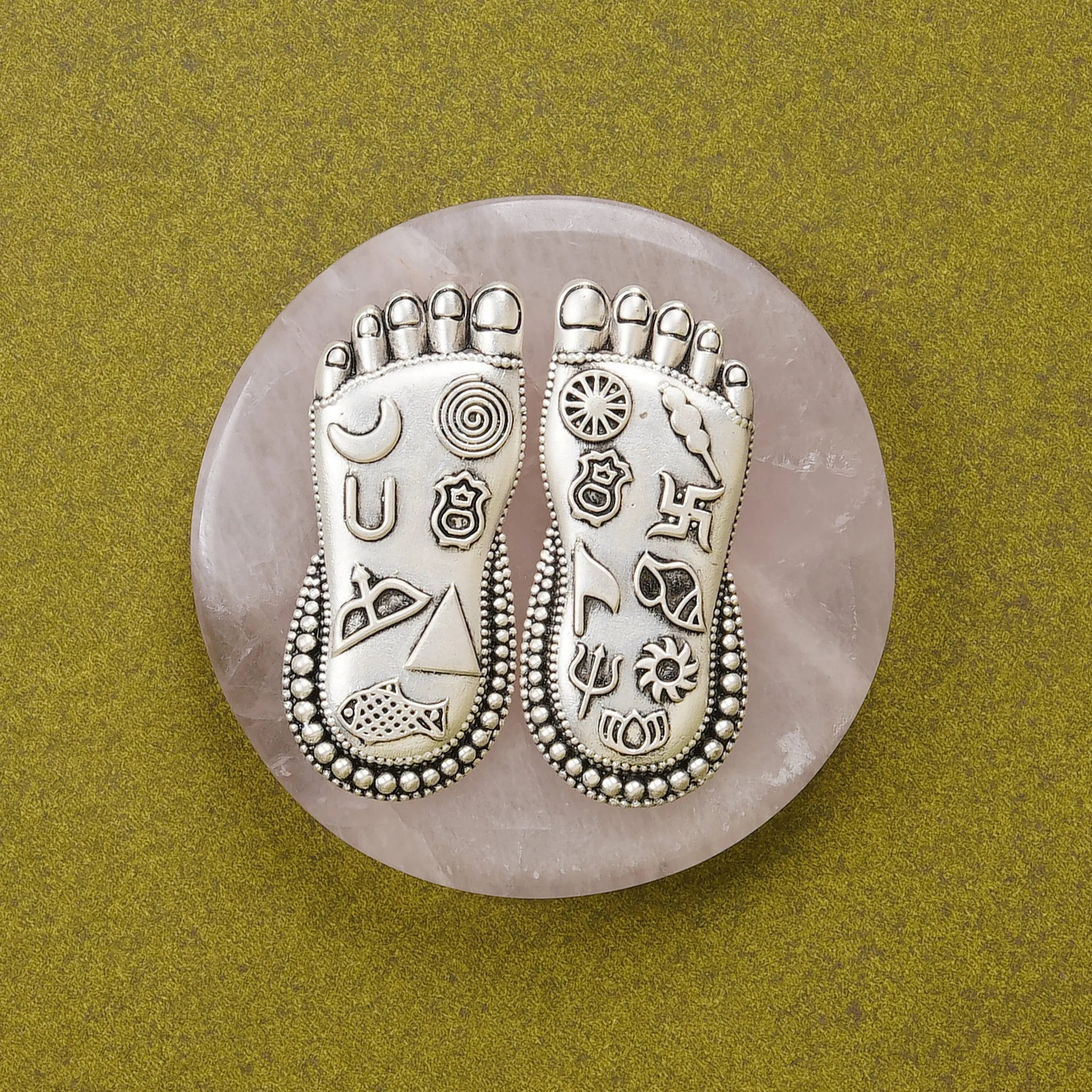 Silver Plated Brass Lakshmi Charan | Sacred Goddess Feet With Ashtamangala Symbols On Rose Quartz
