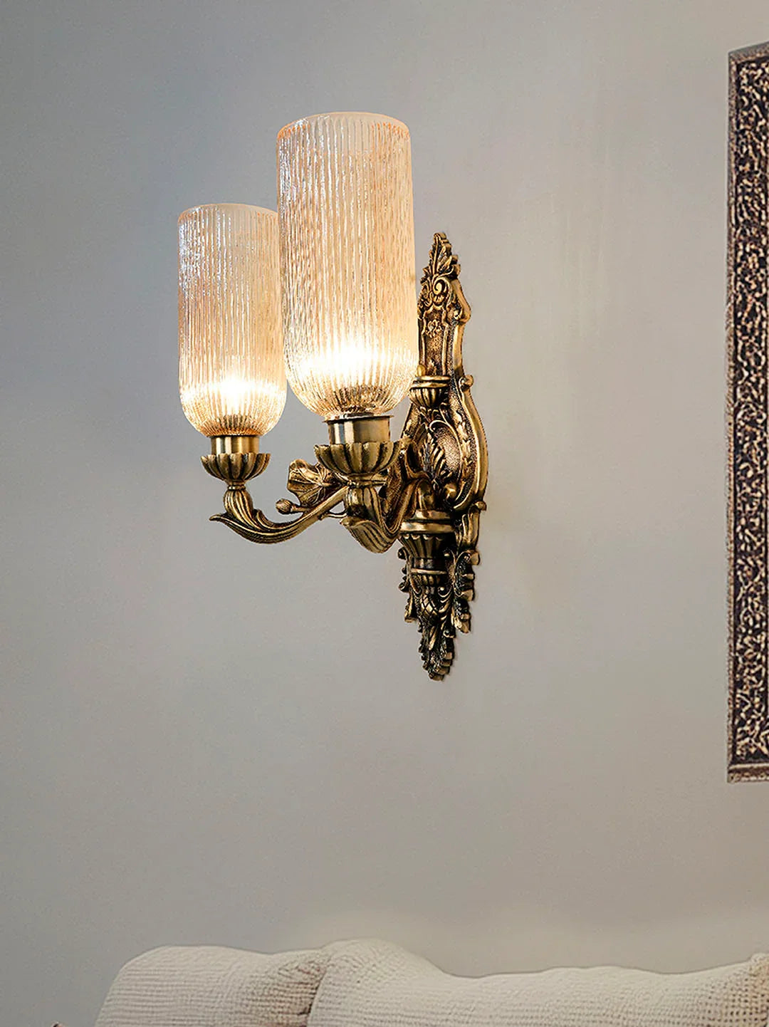 Antique Brass Cast Aluminium Ornate Wall Sconce with Golden Fluted Glass Shades