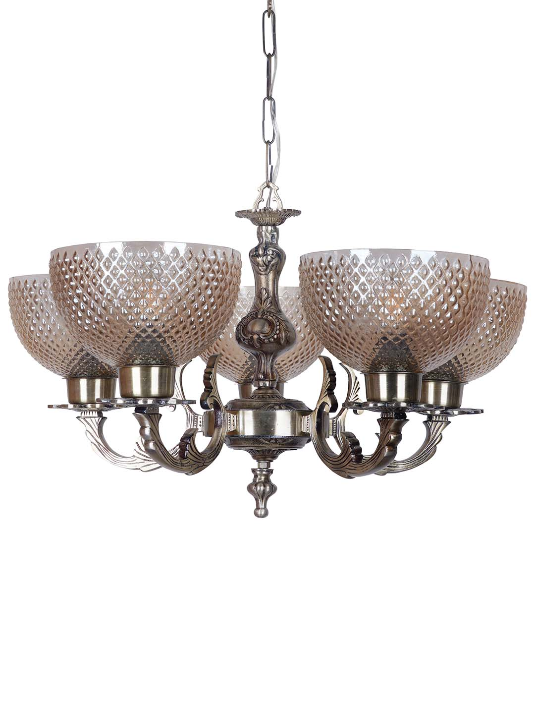 Classic Meena Aluminium 5 Lights Glass Chandelier in Antique Brass Finish