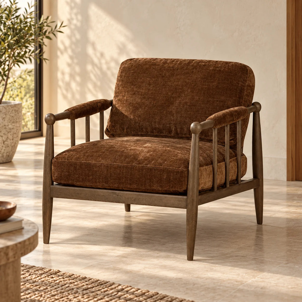 Orbis Solid Teak Wood Chair | Fabric Upholstery Arm Chair