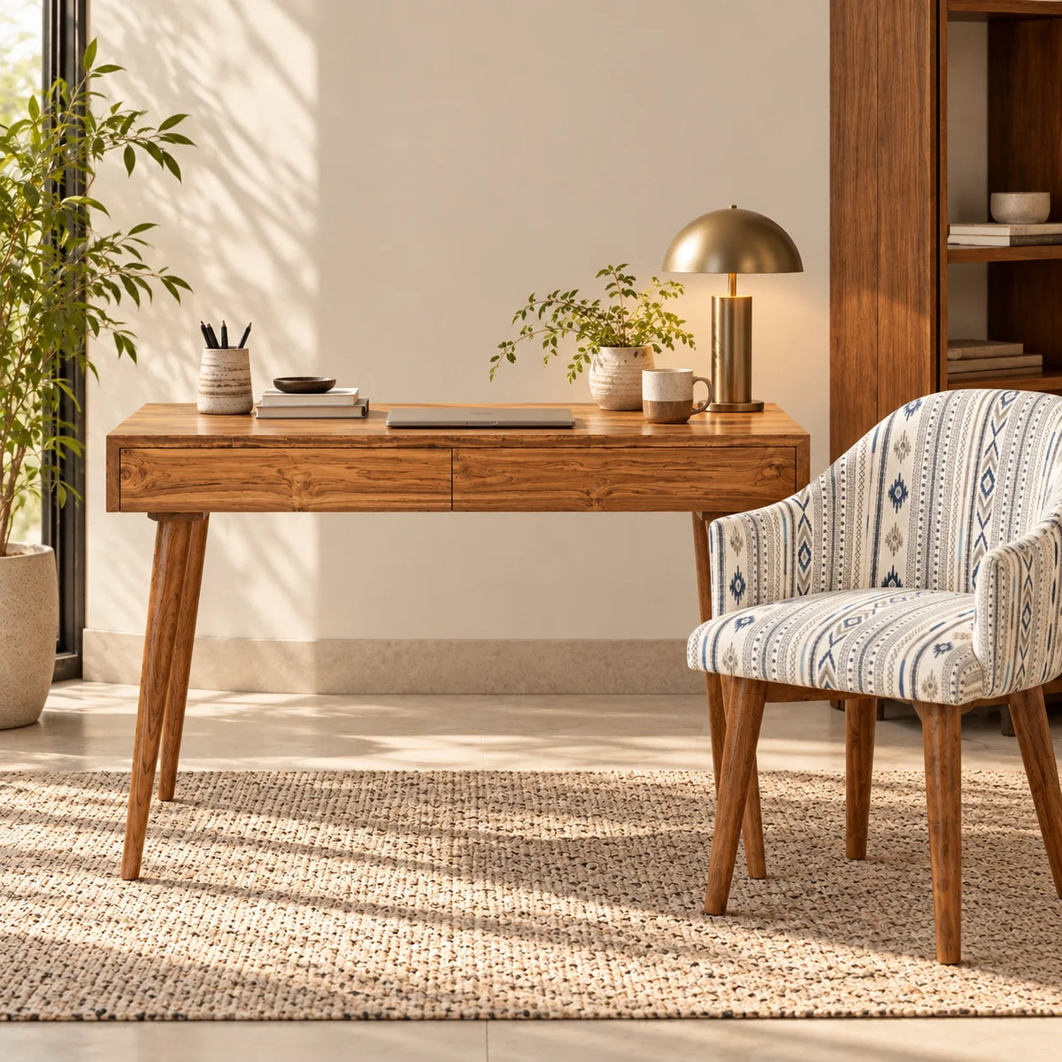 Monte Teak Wood Study Table With Chair | Solid Wood Desk With Chair