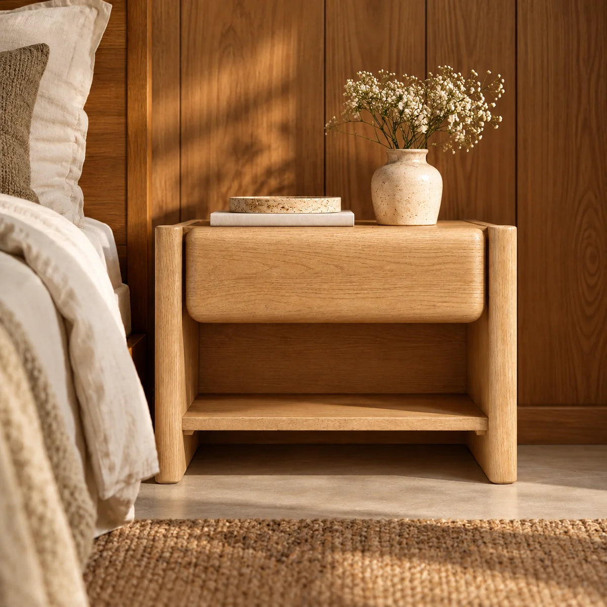 Ash Wood Bedside Table with Open Storage | Modern Wooden Side Table for Bedroom