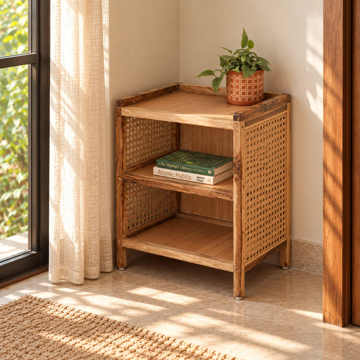 Asbury Vintage Cane Side Table | Wooden Accent Table for Living Room