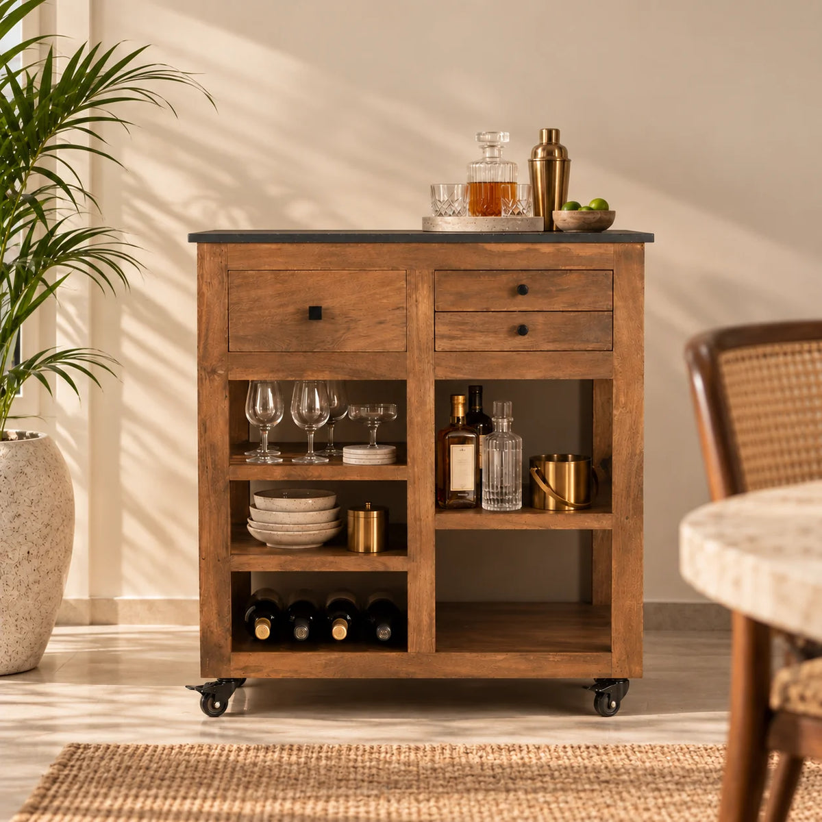 Wineyard 3-Drawer Bar Cart | Mobile Bar Cabinet