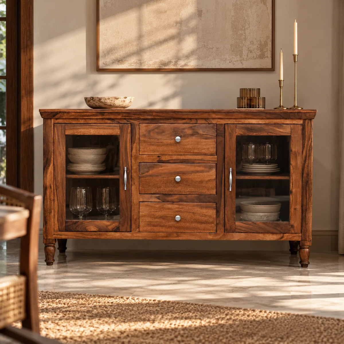 Monarch Solid Sheesham Wood Kitchen Crockery Cabinet