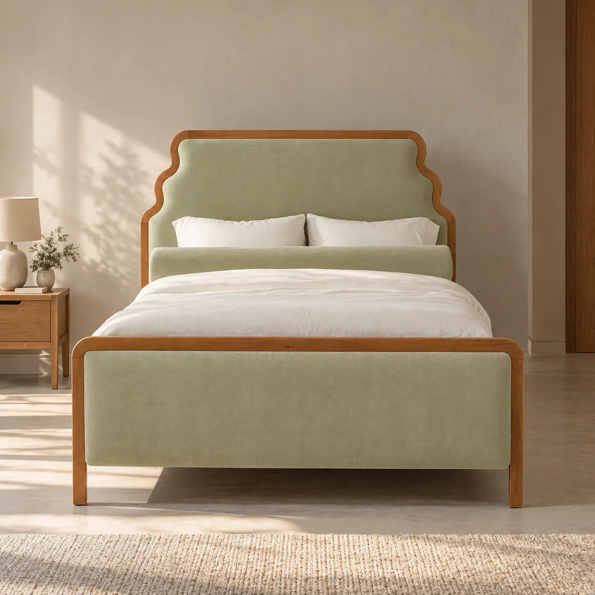 Pinaki Solid Teak Wood And Fabric Upholstery King Size Bed