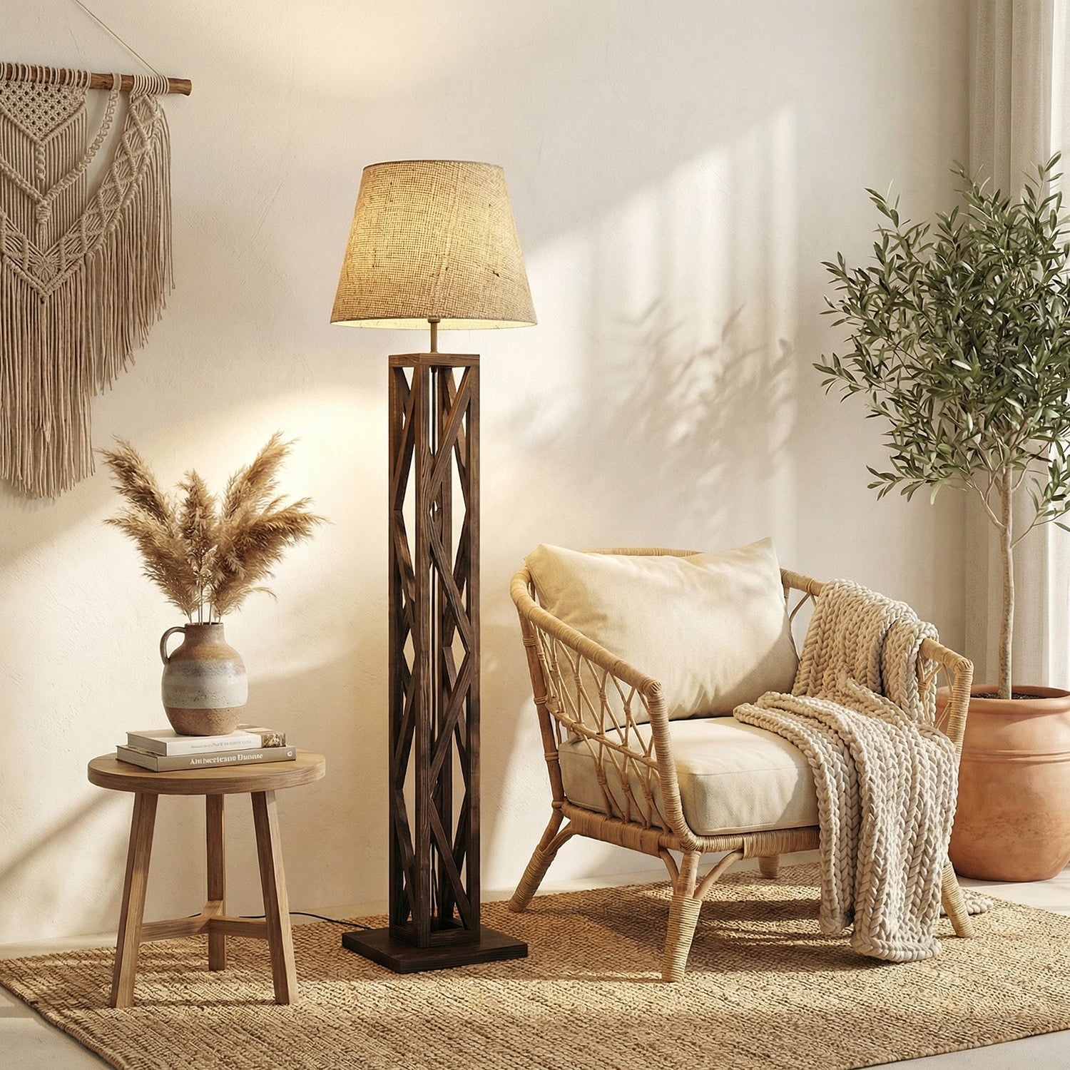 Symmetric Wooden Floor Lamp with Premium Beige Fabric Lampshade