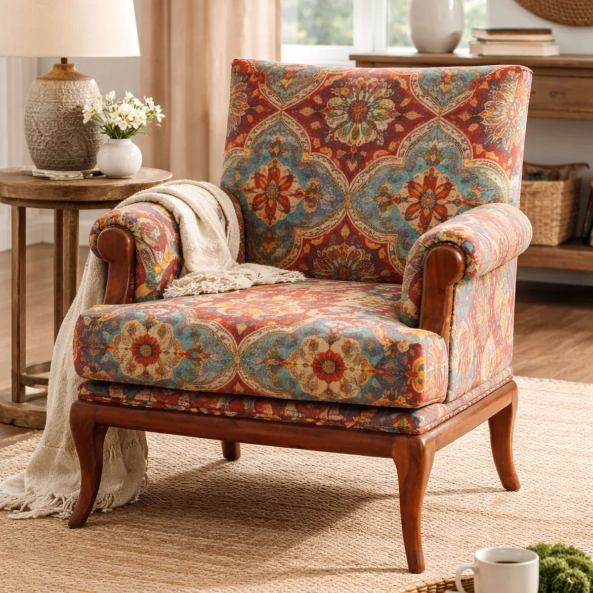 Aristora Teak Wood Armchair | Luxury Velvet Accent Chair with Walnut Finish | Comfortable Chair for Living Room