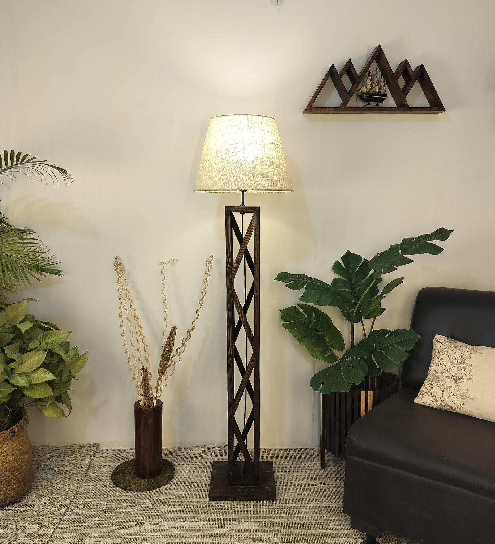 Symmetric Wooden Floor Lamp with Premium Beige Fabric Lampshade