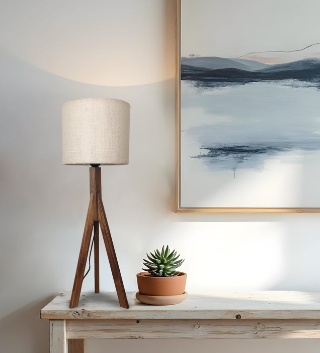 Triune Brown Wooden Table Lamp with White Printed Lampshade