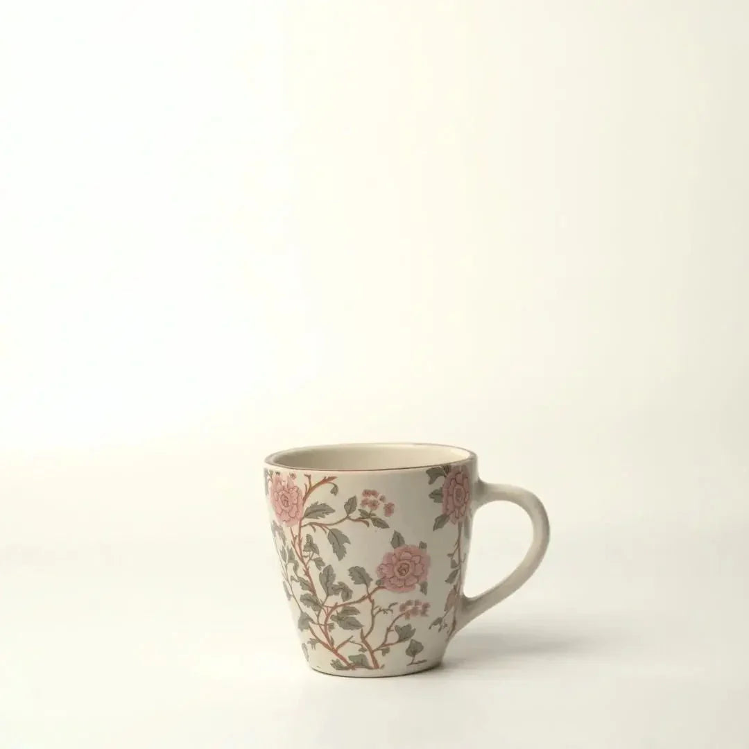 Handcrafted Floral Ceramic Coffee Mug - Stoneware Tea Cup with Pink Flower Design