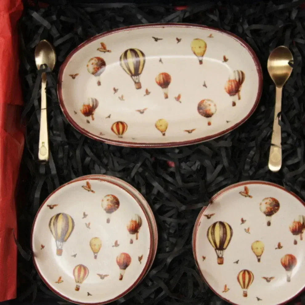 Luxury Stoneware Oval Serving Tray & Tea Plate Set with Pure Brass Spoons – Hot Air Balloon Print Snack & Dessert Plate Gift Set