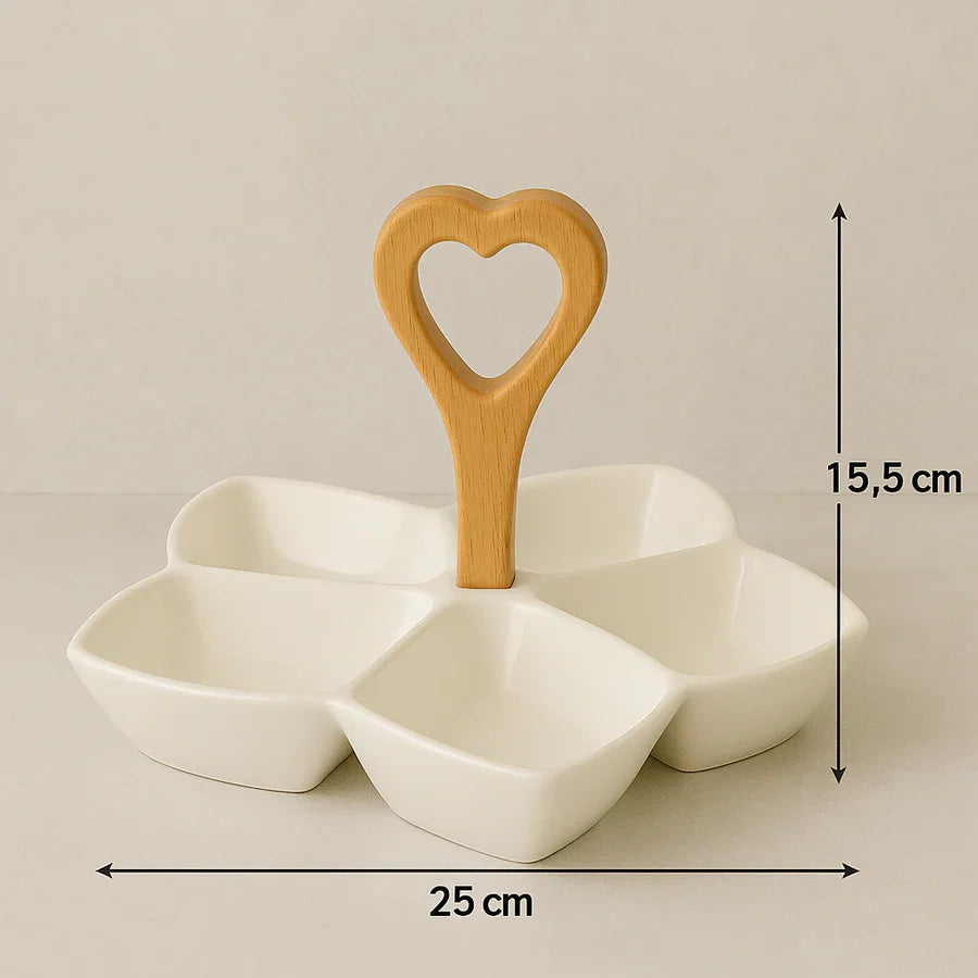 5-Section Ceramic Snack Tray with Wooden Heart Handle