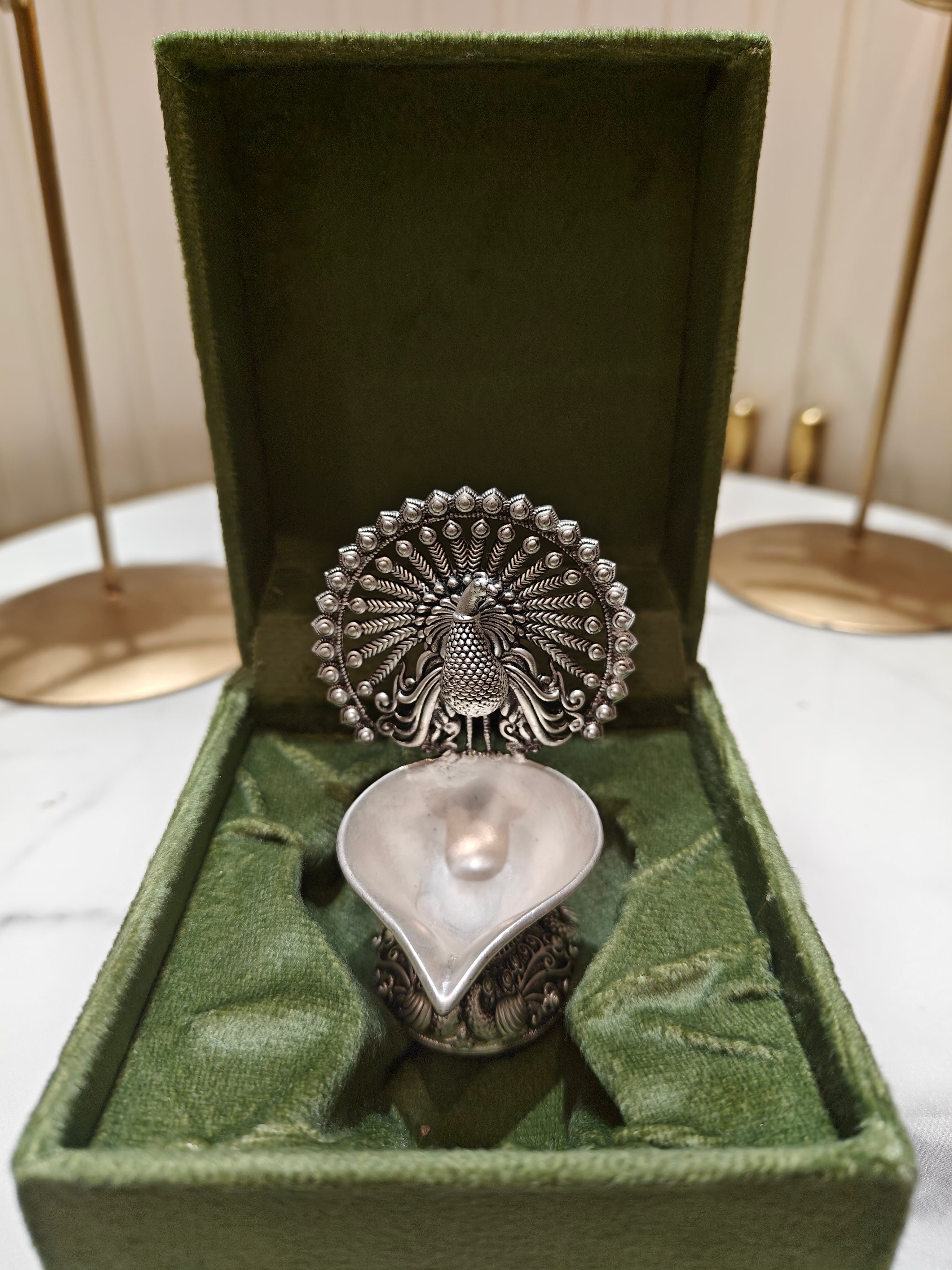 Pure Silver Plated Brass Peacock Diya