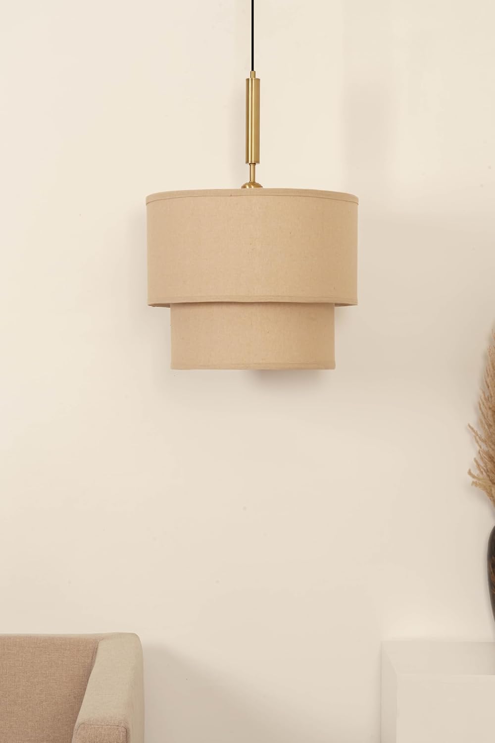 Double Beige Cotton Fabric Pendant Hanging Light Antique Brass Finish for Home Decoration, Restaurants, Cafes