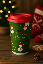 Christmas Ceramic Mug with Red Silicone Lid – 400 ml Coffee & Tea Cup